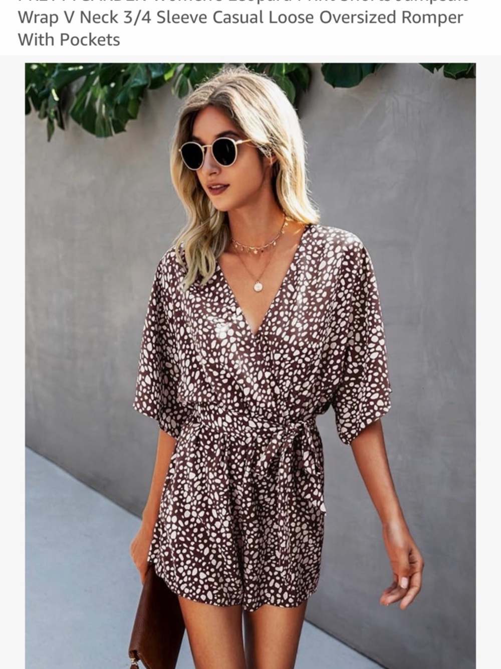 Womens Brown Printed Wrap V-Neck Romper